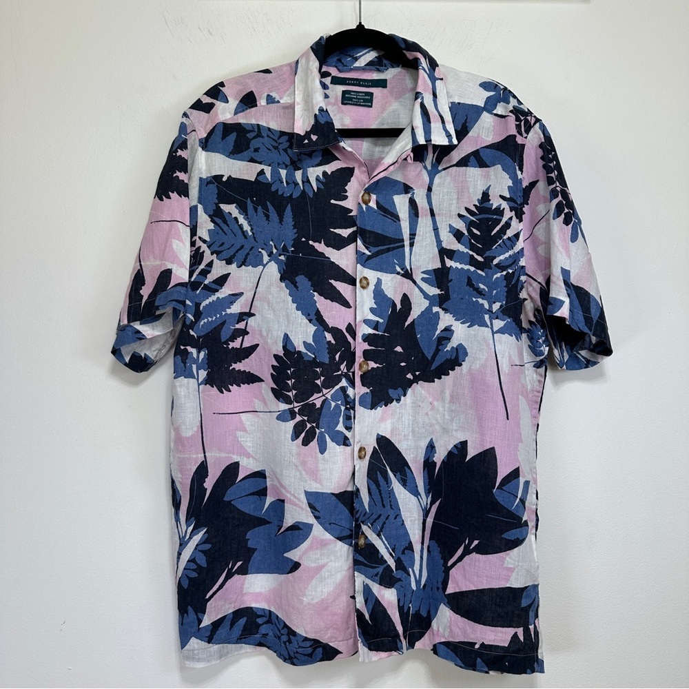 PERRY ELLIS Men Leaf Print Linen Short Sleeve Button Down Shirt L